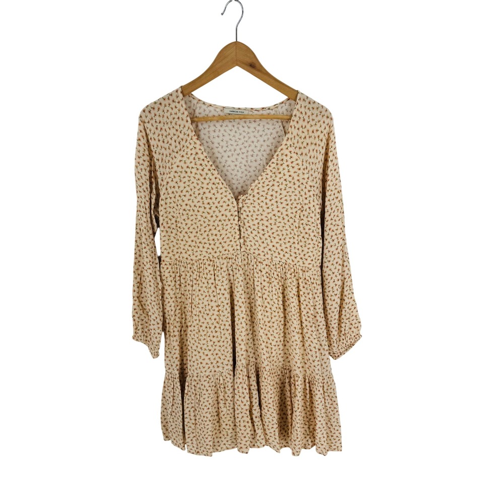 American Eagle Cream Ditsy Floral Tiered Mini Dress Size M Boho Cottage Peasant